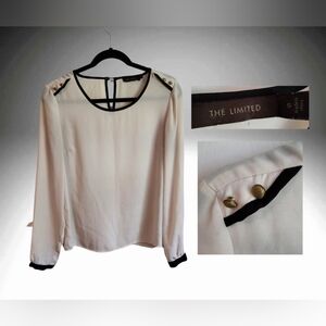 The Limited cream blouse with shoulder button detail and blk trim sz S EUC